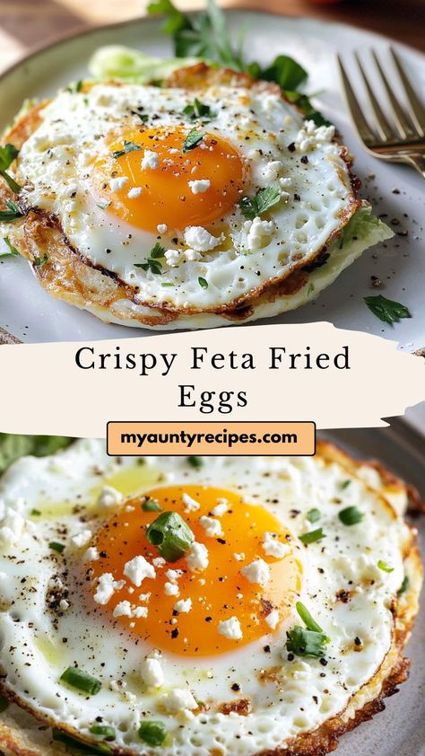 Upgrade your breakfast routine with these crispy feta fried eggs. The tangy feta and crispy egg whites create a perfect harmony of flavors, making it an irresistible dish for brunch or fall mornings. Eggs Salsa Breakfast, Fried Egg Meals, Airfryer Egg Frittata, Shirred Eggs Recipes, Crab And Eggs Breakfast, Over Easy Egg Breakfast Ideas, Overeasy Eggs Breakfast, Best Fried Eggs, Easy Egg Dishes For Breakfast