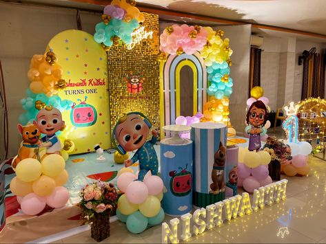 Cocomelon Stage Decoration, Birthday Decorations Cocomelon, Cocomelon Birthday Decorations, Matchbox Cars Display, Baby Birthday Theme, Cocomelon Theme, Half Birthday Cakes, Birthday Theme Decoration, Cocomelon Birthday