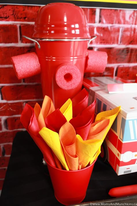 Fire Hydrant Decoration, Fireman Party Food Ideas, Firefighter Birthday Cupcakes, Fireman Themed Birthday Party Food Ideas, Diy Firetruck Birthday Party, Fire Buds Birthday, Fireman Birthday Party Decorations, Fireman Theme Party, Fireman 1st Birthday Party