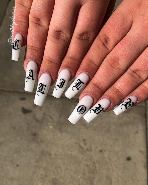 Letter Charms On Nails, Old English Acrylic Nails, Old English On Nails, Old English Initial Nails, Nails With Old English Letters, Letter Nails, Old English Nails, Nail Pro, Nails Magazine