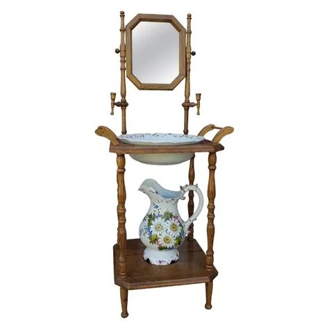 antique wash stand with mirror Millionaire Ideas, Antique Wash Stand, Antique Pitcher, Wash Stand, Vanity Basin, Vintage Pitchers, Moving House, Fall Ideas, Making Room