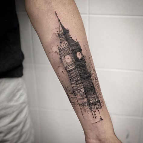 Big Tattoo Ideas, Big Ben Tattoo, England Tattoo, British Tattoo, Harry Tattoos, Map Tattoos, Half Sleeve Tattoos For Guys, London Tattoo, Leg Tattoo