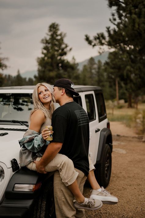 Fun Engagement Photos With a Jeep | Playful Engagement Photos | Colorado Elopement Photographer | This couple had the most playful Colorado engagement pictures with some casual engagement outfit ideas! Find adventure couple engagement, colorado engagement photo locations, outdoor engagement photo poses and playful couples photography. Book Mataya for your playful engagement session or adventure elopement at matayabuck.com! Jeep Wrangler Couple Photoshoot, Jeep Wrangler Photoshoot Ideas, Fall Jeep Photoshoot, Couple Jeep Photoshoot, Couple Photos With Car, Couples Truck Pictures, Jeep Wrangler Couple, Jeep Couple Pictures, Jeep Photoshoot Ideas