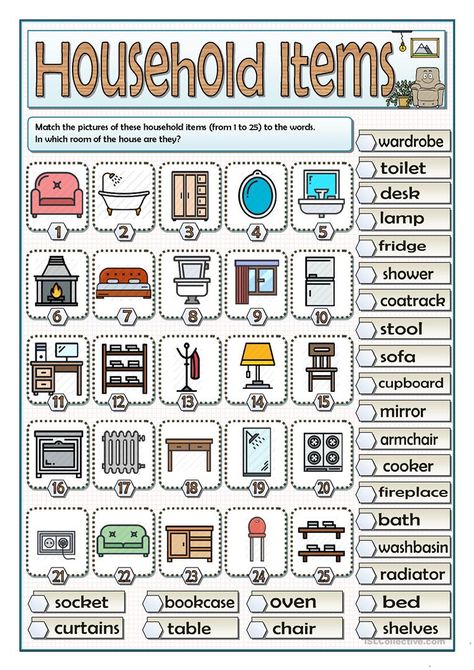 HOUSEHOLD ITEMS - VOCABULARY - English ESL Worksheets for distance learning and physical classrooms School Elements, English Ideas, English Summer, Student Housing, Vocabulary List, Esl Teachers, Vocabulary Practice, English Lessons For Kids, English Activities