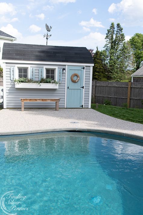 Pool House Makeover, Beach Shed Ideas, Coastal Shed, Pool Shed Interior Ideas, Small Pool Shed Ideas, Pool House Colors, Small Pool Houses Sheds, Diy Pool House Shed, Shed Pool House Ideas