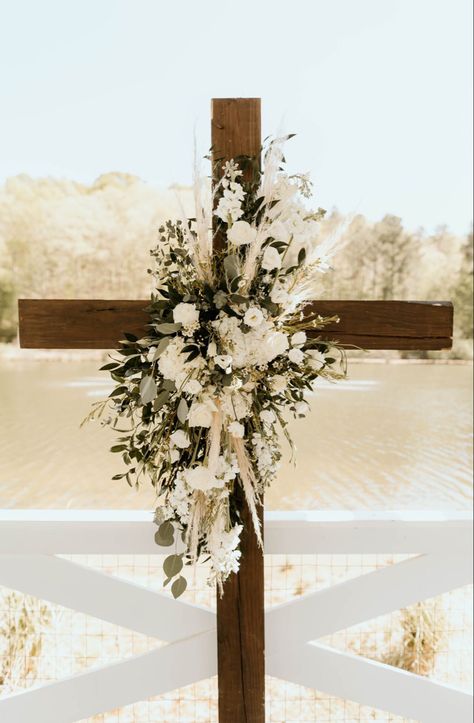 Wedding Cross Background, Wedding Guest Entrance Ideas, Altar Cross Wedding, Wedding Unity Ideas Christian, Cross Background Wedding, Wedding Altar Cross, Wedding Cross With Flowers, Cross Arbor Wedding, Cross Wedding Arch