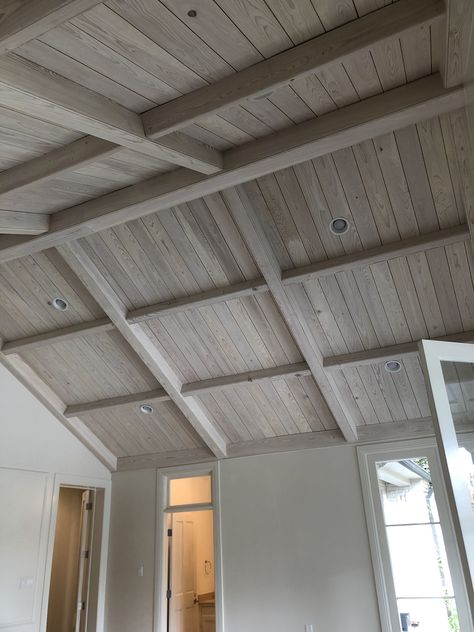 Wood Plank Cathedral Ceiling, High Roof Ceiling Design Living Room, Vaulted Porch Ceiling Ideas, Grey Wood Ceiling, Wood Cathedral Ceiling Living Room, Pickled Wood Ceiling, Pickled Ceiling, Wood Ceiling Ideas Modern, Vaulted Porch Ceiling