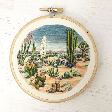 Embroider Ideas, Cactus Embroidery, Embroidered Hoop, Simple Hand Embroidery Patterns, Desert Scene, Contemporary Embroidery, Embroidered Art, Hand Work Embroidery, Needlework Embroidery