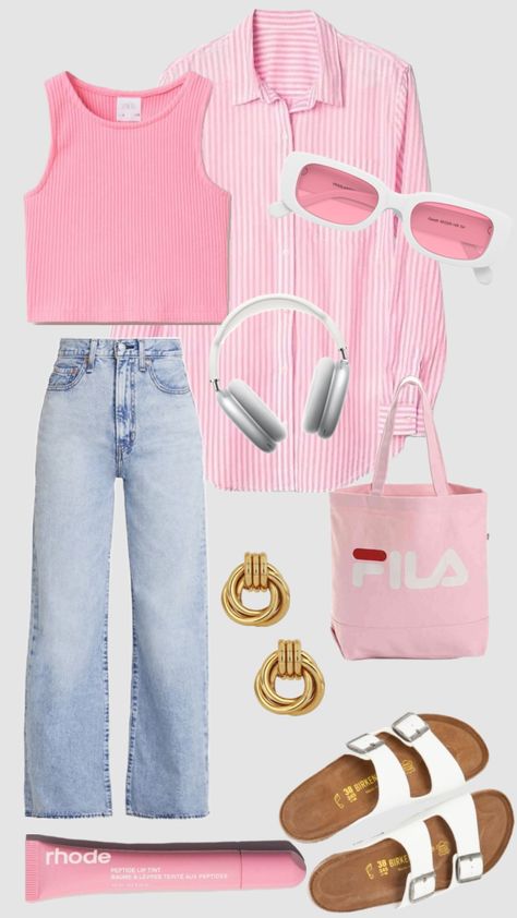 #pink #pinkaesthetic #rhode #inspiration #ootd #pinterest Pink Cotton Shirt Outfit, Subtle Pink Outfits, Pink Inspo Outfits, Pink Ootd Aesthetic, Pink Jean Skirt Outfit, Colorful Minimalist Outfit, Cute Spring Birthday Outfits, Pink 90s Outfit, Pink Tee Outfit