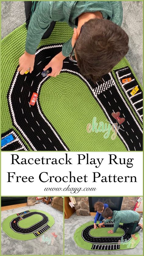 Race Track Crochet Pattern, Crochet Racetrack Rug Pattern, Crochet Race Track Rug Free Pattern, Crochet Race Track, Rug Crochet Pattern, Crochet Children, Road Rug, Crochet Baby Projects, Rug Crochet