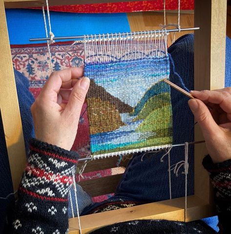 Judy Kavanagh on Instagram: “Weaving the sky on my tiny tapestry landscape. I like making this up as I go along. #tapestry #tapestryweaving #weaving…” Landscape Tapestry Weaving, Tiny Tapestry, Woven Tapestry Art, Tapestry Landscape, Landscape Tapestry, Tapestry Ideas, Rigid Heddle Weaving, Woven Wall Art, Weaving Designs