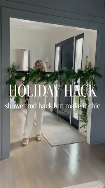 Jenna Crandall on Instagram: "I give this a 10/10. Love adding this to our hallways without having to drill or hammer. It’s damage proof. Add your own garlands, bells and lights. Looks super festive & chic in doorways. Hang your mistletoe here! ✨Comment LINKS for everything I used & this outfit. My fuzzy sandals are so comfy. Follow my shop @Jenna_Crandall on the @shop.LTK app to shop this post and get my exclusive app-only content! https://liketk.it/4pgpR #amazonmademebuyit #holidayhack #holiday #garland #homedecor #homesweethome #homedecoration #holidaydecor #holidaynails #amazonfinds" Door Way Christmas Garland, Garland Over Doorway Door Frames, Christmas Doorways Indoor, Hallway Christmas Tree, Holiday Hallway Decorations, Garland On Doorway, French Door Christmas Decor, Christmas Decor Doorway, Doorway Christmas Decor Indoor