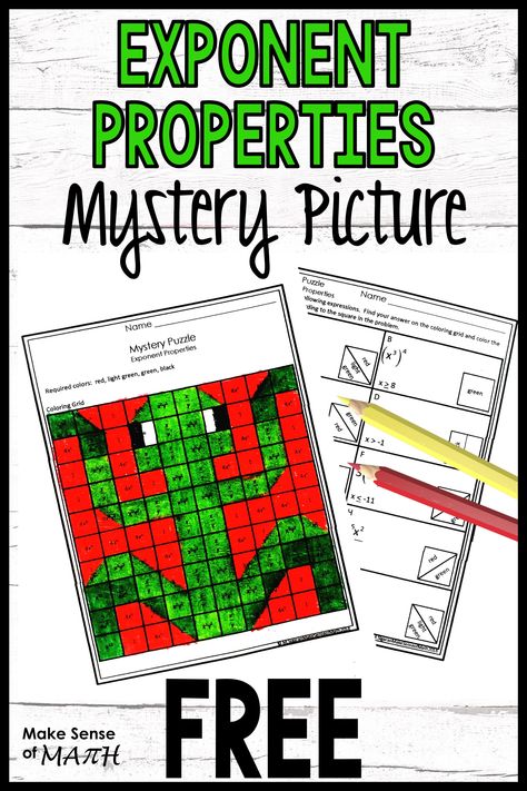 Check out this fun  and free exponent properties activity for your 8th grade, Algebra, and middle school math classroom.  Your students will love practicing the laws of exponents as they complete this activity. More engaging than any worksheets, your students will master the exponent rules. Click here to gets your free. #makesenseofmath Exponent Properties, Exponents Practice, Teaching Exponents, Exponent Activities, Algebra Games, Laws Of Exponents, Algebra Classroom, Exponent Rules, Exponent Worksheets