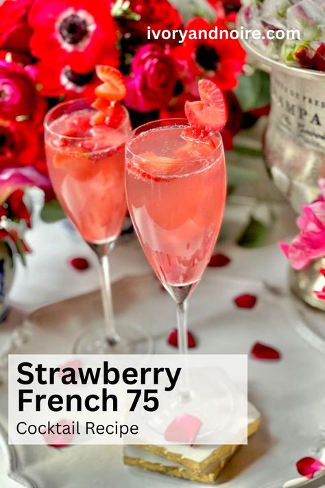 Looking for a delicious and refreshing cocktail that packs a punch? Look no further than the Strawberry French 75! This classic drink has been around since the 1920's and is made with gin, sparkling wine, strawberries, and lemon juice. Enjoyed by many, the Strawberry French 75 is the perfect summer cocktail to enjoy with friends. Wine Strawberries, Galentines Cocktails, Strawberry Cocktail Recipe, French 75 Recipe, Empress Gin, French 75 Cocktail Recipes, Strawberry Gin, Strawberry Simple Syrup, French Cocktails