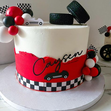 🏁 Start your engines! 🏁 This vanilla cake with raspberry filling is revved up and ready to celebrate! 🚗✨ Complete with tires, checkered flags, and the cutest balloon details, it’s perfect for any race car fan! 🏎️❤️ #racecarcake #2fast #cakedecorating #baker #homebaker #smallbusiness #red #black #white #checkered #vanillacake Vanilla Cake With Raspberry Filling, Vanilla Cake With Raspberry, Car Cakes For Boys, Race Car Cake, Cowboy First Birthday, Race Car Cakes, 13 Birthday Cake, Car Birthday Theme, Sweet 16 Cakes