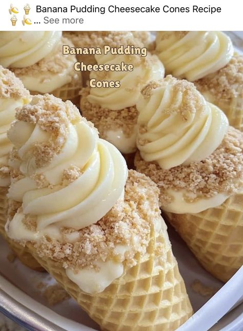 Banana Pudding Cheesecake Cones, Cheesecake Cones Recipe, Banana Pudding Cheesecake Recipe, Cheesecake Cones, Xmas Goodies, Cone Dessert, Sweets Ideas, Pudding Cheesecake, Banana Pudding Cheesecake