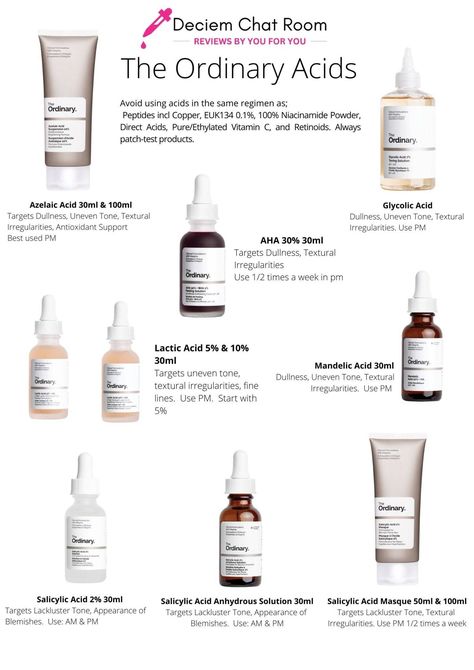 The Ordinary Acids Guide - When & How To Use and more Lactic Acid The Ordinary, Azelaic Acid The Ordinary, The Ordinary Product Guide, The Ordinary Guide, The Ordinary Skincare Guide, The Ordinary Salicylic Acid, The Ordinary Azelaic Acid, Skincare Stuff, The Ordinary Lactic Acid