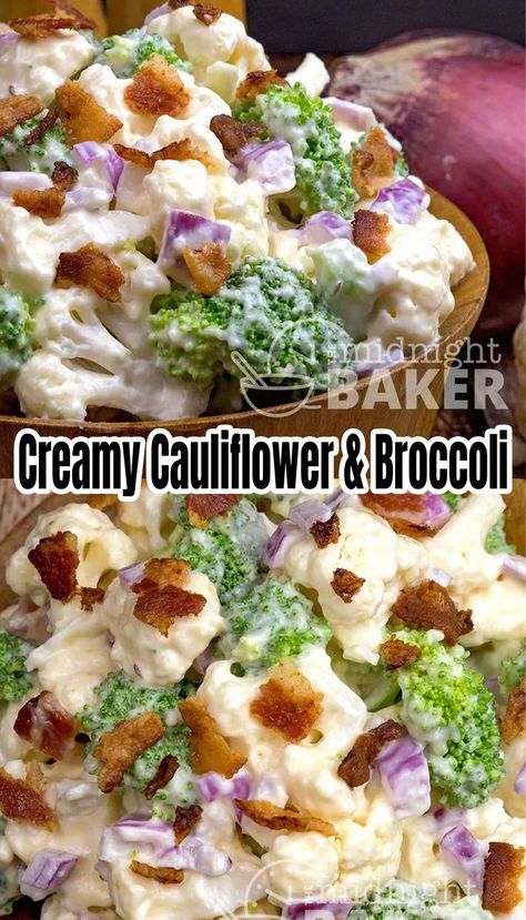 Looking for easy cookout side dishes? You will love the crunchy and creamy flavors of this easy salad recipe. It's the perfect salad to BBQs, picnics, and all your summer outdoor parties. Creamy Salads, Broccoli And Cauliflower Salad, Broccoli Cauliflower Salad Recipes, Cauliflower Salad Recipe, Broccoli Cauliflower Salad, Broccoli And Cauliflower, Broccoli Salad Recipe, Thanksgiving Dinner Menu, Fresh Salad Recipes