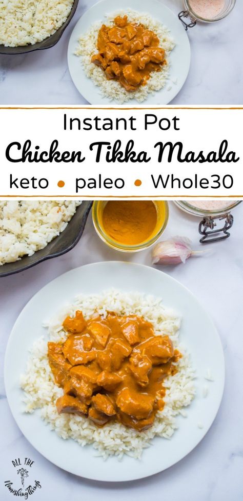 instant pot chicken tikka masala on white plate with text overlay Instant Pot Chicken Tikka Masala, Poulet Tikka Masala, Serve Over Rice, Cauli Rice, Garlic And Ginger, Paleo Lunch, Instant Pot Recipes Chicken, Chicken Tikka Masala, Chicken Tikka