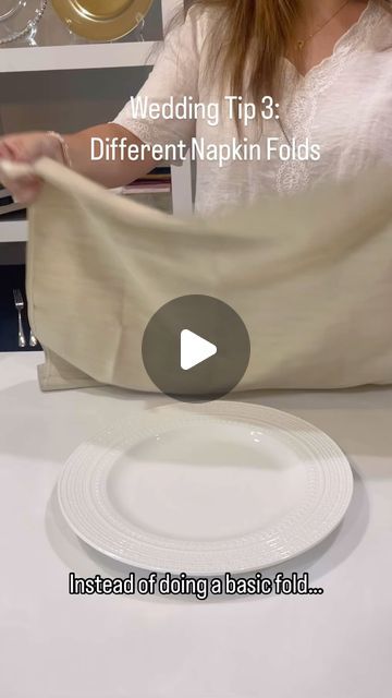 Waterford Event Rentals on Instagram: "Wedding tip #3 3️⃣  Instead of doing a classic tri fold on top, maybe try one of these options! It’s so fun to play around with different napkin folds!  Looking into a knot fold or menu fold can really spice up your table design!   Which fold is your favorite? Let us know!  #Waterford #WaterfordEventRentals #Wedding #WeddingInspo #WeddingIdeas #WeddingDesign #weddinginspiration #WeddingPhotography #Engaged #Engagement #Love #WeddingHack #WeddingTip #WeddingTips" Menu Fold Napkin, Hexagon Napkin Fold, Wedding Menu Napkin Fold, Wedding Napkin Knot, Ways To Fold Wedding Napkins, Unique Table Setting Ideas, Easy Wedding Napkin Folds, Knotted Napkin Fold, Simple Wedding Napkin Folds