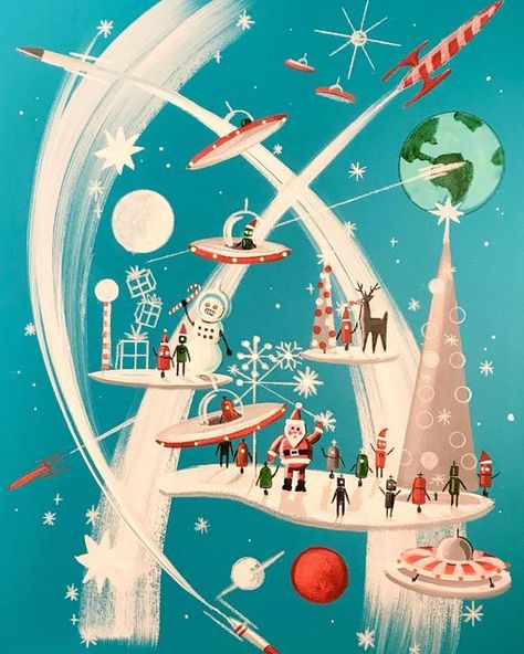 Retro Space Christmas, Space Age Illustration, Space Age Christmas, Retro Christmas Decorations 1950s, Retro Christmas Aesthetic, Cosmic Christmas, Atomic Christmas, Christmas Cream, Space Christmas