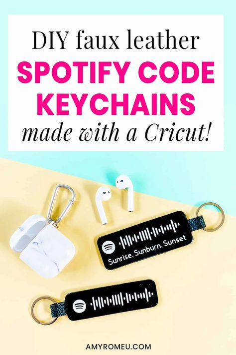 DIY Spotify Code Keychain Faux Leather Cricut DIY. Full tutorial and SVG keychain templates available at amyromeu.com Spotify Keychain Diy, Diy Spotify Code, Faux Leather Cricut, Diy Spotify, Keychain Cricut, Leather Cricut, Faux Leather Crafts, Spotify Code Keychain, Leather Keychain Diy