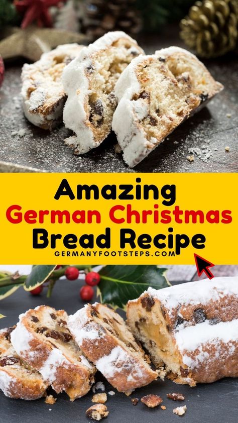 Learn how to bake the best authentic Stollen (German Christmas bread) to bring festive joy to your holiday table. Our recipe will guide you to make traditional German Stollen, promising the delight of the best authentic German Stollen. Save this pin for a sweet holiday season and impress your loved ones with this classic German Christmas Bread Stollen. German Christmas Stolen, German Stollen Recipe Christmas, Holiday Baking Bread, German Christmas Bread, Marzipan Stollen, Christmas Stollen Recipe, Stollen Bread, German Stollen, Christmas Bread Recipes