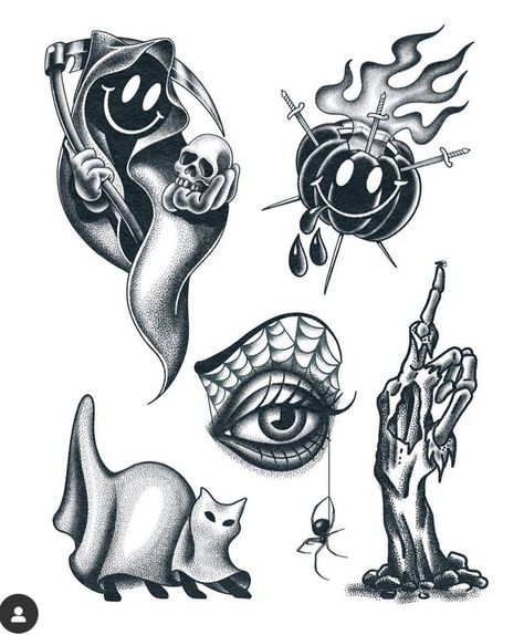 Halloween Tattoo Flash, Halloween Flash, Tattoo Outline Drawing, Creepy Tattoos, Spooky Tattoos, Hippie Painting, Traditional Tattoo Design, Horror Tattoo, Tattoo Design Book