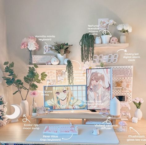 Cute Battlestation, Cute Dual Monitor Setup, Dual Monitor Setup Aesthetic, Two Monitors Desk Setup, Boho Anime Room, Cute Desktop Setup, Bedroom Desk Setup Ideas, L Shaped Desk Setup Aesthetic, Cute Desk Setup Aesthetic