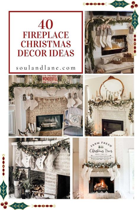 Turn your fireplace into a captivating holiday focal point! Explore decor ideas from garlands to stockings that bring warmth, magic, and festive charm to your hearth and home during the Christmas season. Stockings On A Mantle, Christmas Stocking Charms, Christmas Mantle Stocking Decor, Farmhouse Christmas Fireplace Mantel, Christmas Stockings On Mantle, Christmas Mantle With Stockings Decor, Fireplace Hearth Christmas Decor, Brick Fireplace Christmas Decor, Christmas Hearth Decor