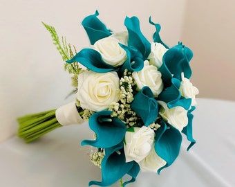 Teal Wedding Bouquet | Etsy Bridal Bouquet Dark, Teal Wedding Bouquet, Teal Wedding Flowers, Calla Lily Wedding Flowers, Wedding Peacock, Calla Lily Bridal Bouquet, Faux Flowers Wedding, Lily Bridal Bouquet, Artificial Bridal Bouquets