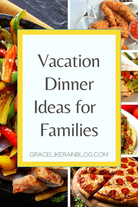 Most vacation rental homes have a full kitchen so that you can prepare meals for your family while you are on vacation. We’re sharing the best vacation dinner ideas that will get dinner on the table in a hurry. We will tell you exactly what to serve for dinner on family vacation so that you can relax. This dinner guide is great for big families or families with children. | What to serve for dinner on vacation | what to serve for dinner for large family | Vacation rental dinner menu ideas Dinner For Large Family, Airbnb Meals, Vacation Dinner Ideas, Large Family Dinner Ideas, Vacation Meal Ideas, Family Vacation Meals, Vacation Food Ideas, Dinner On Vacation, Easy Vacation Meals