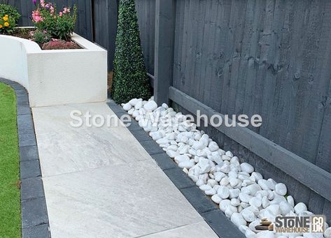 White Cobbles 40-90mm | Stone Warehouse White Pebbles Landscape, White Pebble Garden, Pebble Landscaping, Garden Ideas Uk, Lawn Borders, Stone Edging, White Gravel, Pebble Garden, Stone Landscaping