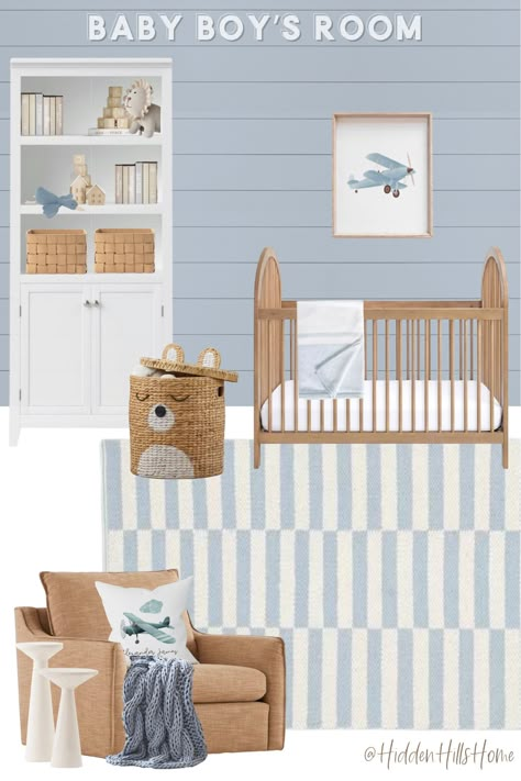 Nursery With Blue Accent Wall, Shades Of Blue Nursery, Beige And Blue Nursery, Baby Boy Airplane Nursery, Light Blue Boy Nursery, Light Blue Nursery Boy, Plane Nursery Theme, Airplane Nursery Theme, Blue Boys Nursery