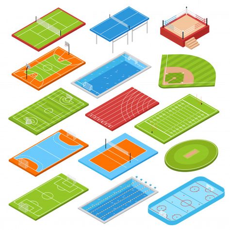 Sport fields isometric set | Free Vector #Freepik #freevector #icon #sport #football #soccer Kota Masa Depan, Isometric Icons, Sports Field, Sport Set, Sport Park, Isometric Art, Isometric Design, Tennis Courts, Isometric Illustration