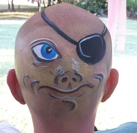 Bald head pirate Bald Cap Costume Ideas, Bald Man Halloween Costume, Bald Head Face Paint, Bald Cap Costume, Bald Head Painting, Bald Face Paint Horse, Head Painting, Going Bald, Bald Men