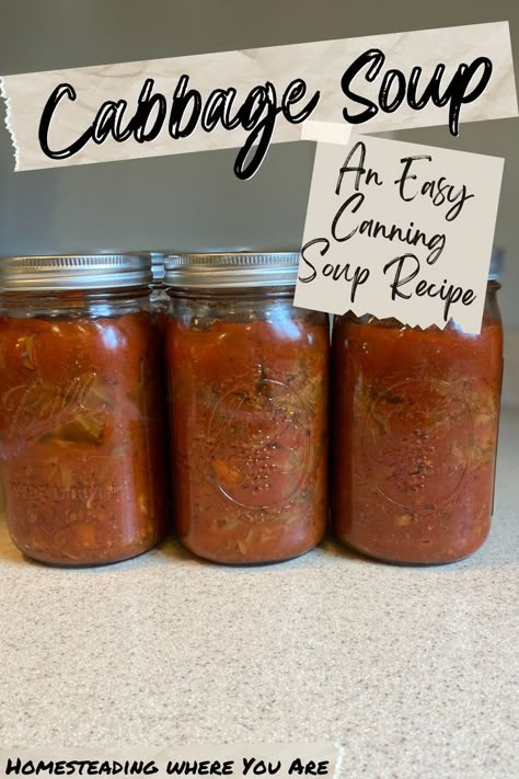 Canning Vegetables Soup, Canning Recipes For Cabbage, Cabbage Soup For Canning, Canned Cabbage Soup, Cabbage Canning Ideas, Canning Cabbage Roll Soup, Pressure Canning Cabbage Recipes, Ways To Preserve Cabbage, Pressure Canning Cabbage Soup