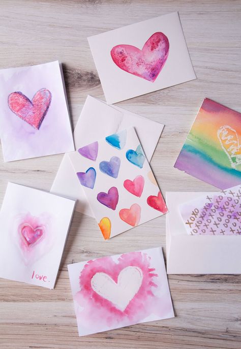 Easy Watercolor Valentine's Day Cards Easy Watercolor Ideas, Valentines Day Cards Diy, Homemade Watercolors, Valentines Card For Husband, Watercolor Valentine, Homemade Valentines Day Cards, Valentines Watercolor, Diy Valentines Cards, Valentine Cards Handmade