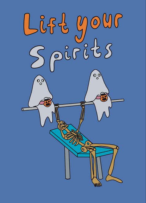 Skeleton bench pressing 2 ghosts with pumpkin trick or treating buckets. Skeleton Working Out, Funny Halloween Images, Skeleton Puns Halloween, Funny Halloween Art, Funny Skeleton Drawing, Funny Halloween Pics, Halloween Funny Humor, Skeleton Puns, Fitness Puns