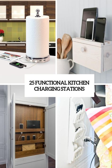 functional kitchen charging stations cover Hidden Charging Station Ideas, Kitchen Charging Station, Charging Station Cabinet, Charging Station Kitchen, Kitchen Island Ends, Charging Station Ideas, Kitchen Plugs, Ipad Charging Station, Mobile Charging Station