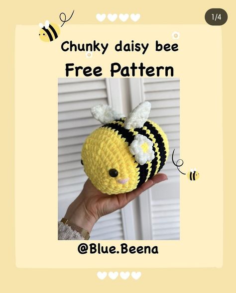 chunky daisy bee free pattern Yarn Bee Crochet Patterns Free, Tiktok Crochet Patterns, Crochet Chunky Bee Pattern Free, Crochet Jumbo Bee Pattern Free, Chunky Bee Crochet Pattern, Chunky Bee Crochet, Crochet Patterns Bee, Crochet Bees Pattern, Chunky Crochet Amigurumi Free Pattern