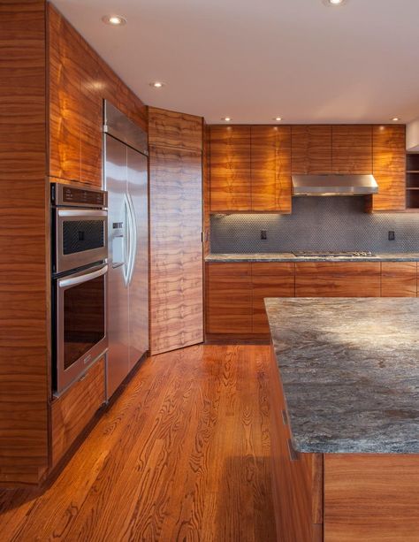 Bookmatched Koa Wood Kitchen Creates Winning Warmth | Woodworking Network Veneer Kitchen Cabinets, Wood Countertops Kitchen Island, Veneer Kitchen, Wooden Countertops Kitchen, Olive Wood Kitchen, Best Flooring For Kitchen, Modern Wood Kitchen, Painting Kitchen Cabinets White, Wood Countertops Kitchen