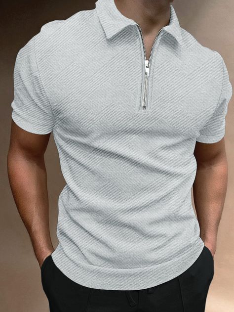 Grey Casual Collar Short Sleeve Fabric Plain  Embellished Medium Stretch  Men Tops Polo Shirts, Polo Shirt, Zipper, Collar, Grey