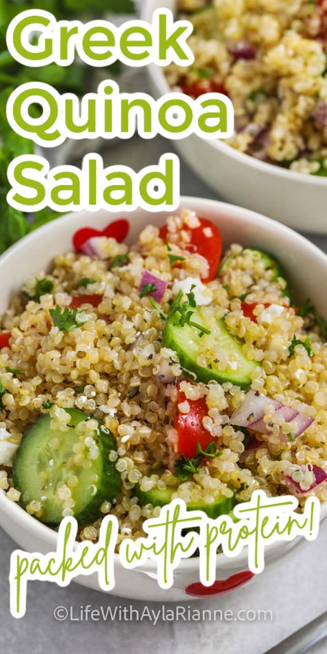 Greek Quinoa Salad in a white bowl with writing Quinoa Salad Feta Cheese, Refreshing Quinoa Salad, Quinoa Cucumber Tomato Salad, Mediterranean Quinoa Salad Recipes, Quinoa Salad Feta, Flavorful Quinoa, Watermelon Sorbet Recipes, Beet Pasta, Greek Quinoa