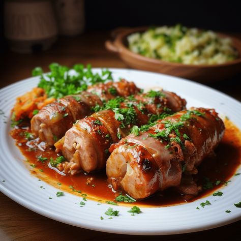 Perfect Pork Rouladen (German Sliced Pork) German Pork Recipes, German Entrees, Pork Parmigiana, Pork Roll Ups, German Rouladen, German Food Recipes, Pork Roulade, Rouladen Recipe, Beef Braciole