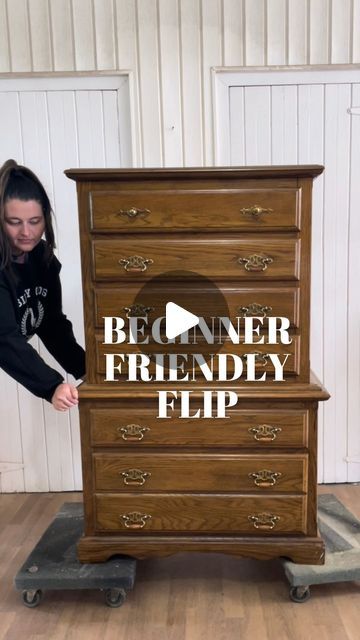 Emily Marlett | Furniture Flips | DIY on Instagram: "Comment “LINK” for my favorite beginner supplies to get started!   STEPS broken down: 1. Clean with a degreaser & remove old hardware 2. Scuff-sand with 120 grit to remove old shiny finish and roughen up surface for better paint adherence  3.  Paint on a layer of primer and then scuff-sand by hand with 220 grit. (If you’re using a high quality paint with primer + topcoat included you can skip this step!) 4. Paint! My favorite quality paint is @melangepaints One line with primer/topcoat included- code “powerdrill10” gets you 10% off at checkout! 5. Sealer/topcoat (optional) for added protection!  Comment below any questions to get started ➡️ Follow along for more furniture flips!  #furnitureflip #furnitureflipper #furniturerefinishing #fu Painting Old Wood Furniture, Repainting Old Furniture, Old Furniture Makeovers Paint, Melange Paint Furniture, Restore A Finish Before And After, How To Paint Fake Wood Furniture, Flipping Furniture For Beginners, Old Furniture Makeovers Wood, Painting Old Furniture Ideas