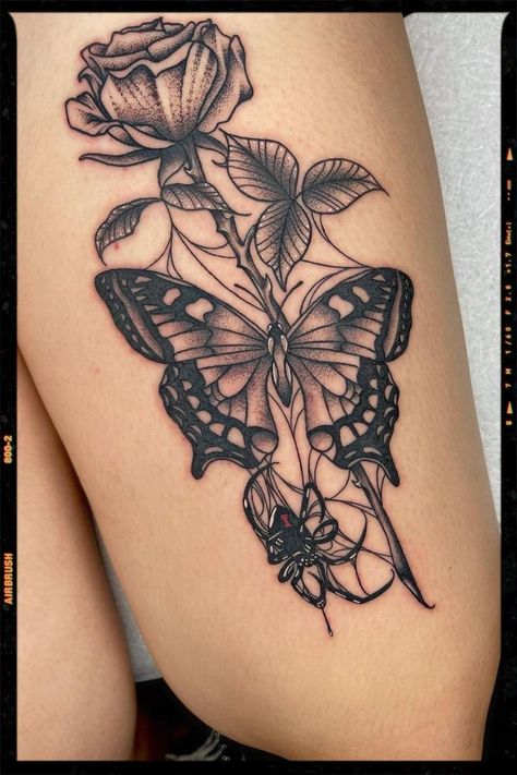 Black Widow Spider Tattoo, Upper Thigh Tattoos, Rose And Butterfly Tattoo, Butterfly Tattoos On Arm, Cute Thigh Tattoos, Feminine Skull Tattoos, Spider Web Tattoo, Web Tattoo, Mom Tattoo Designs