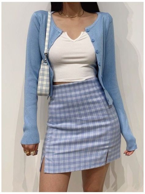 blue mini skirt | Blue Skirt Outfit Plaid Skirt Outfits Summer, Blue Plaid Skirt Outfit, Checkered Skirt Outfit, Blue Skirt Outfits, Trendy Outfits 2020, Pretty Winter Outfits, Blue Plaid Skirt, Light Blue Skirts, Plaid Skirt Outfit