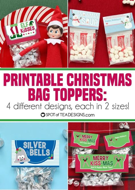 Christmas Bag Toppers, Free Christmas Tags, Christmas Classroom Treats, Candy Toppers, Candy Bag Toppers, Merry Kissmas, Tea Labels, Christmas Candy Bag, Christmas Treat Bags