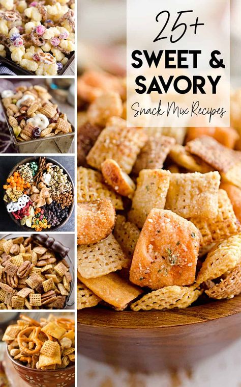 Sweet & Savory Snack Mix Recipes are perfect for a game day treat, party food, fun dessert or just any time you want something on hand for the munchies! #SnackMix #SweetSnackMix #Munchies Savory Snack Mix Recipes, Cheerios Snack Mix, Healthy Snack Mix, Sweet Snack Mix, Christmas Snack Mix, Easy Snack Mix, Snack Mix Recipe, Munchies Snacks, Healthy Munchies